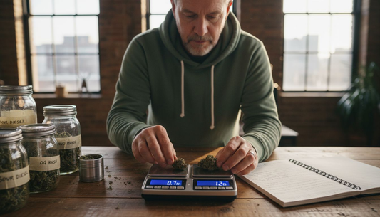 Man blending cannabis strains in loft kitchen