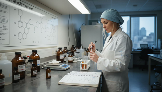 Lab technician labeling test tubes in cannabis lab