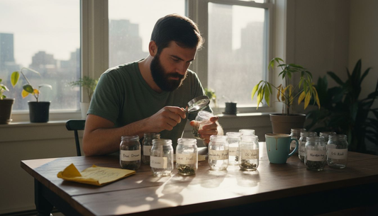Man examines labeled cannabis strains at sunlit table