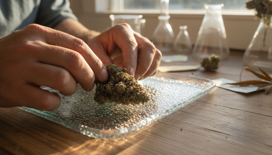 Cannabis flower held for detailed inspection