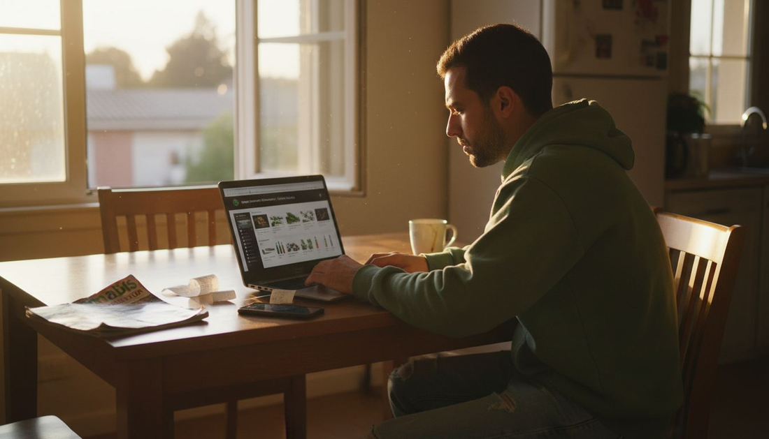 Man browsing cannabis products online at home