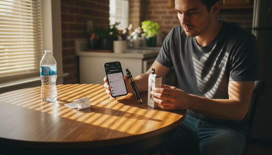 Man comparing cannabis vape devices at table