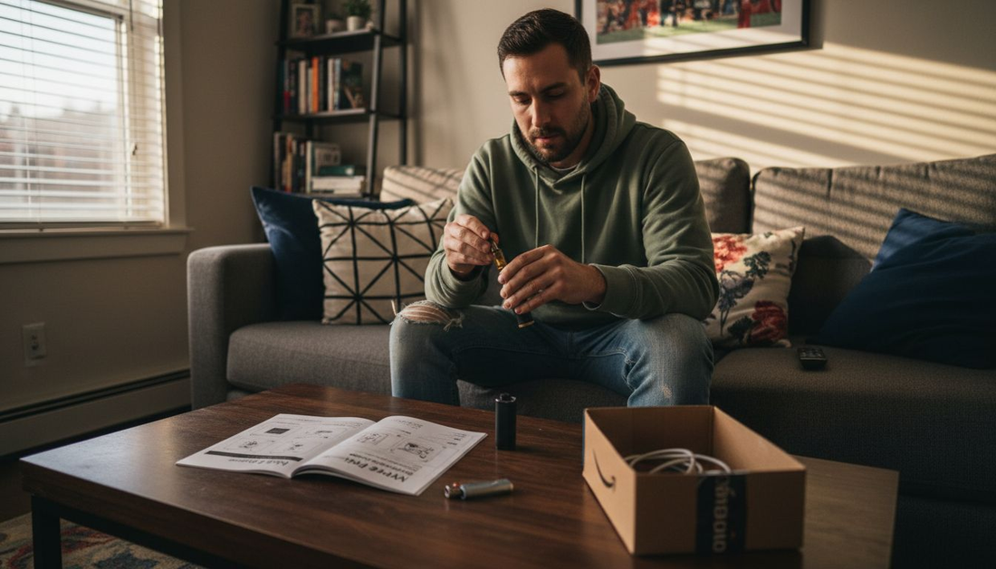 Man assembling vape pen in city apartment living room