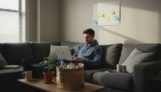 Man shops cannabis online on his sofa
