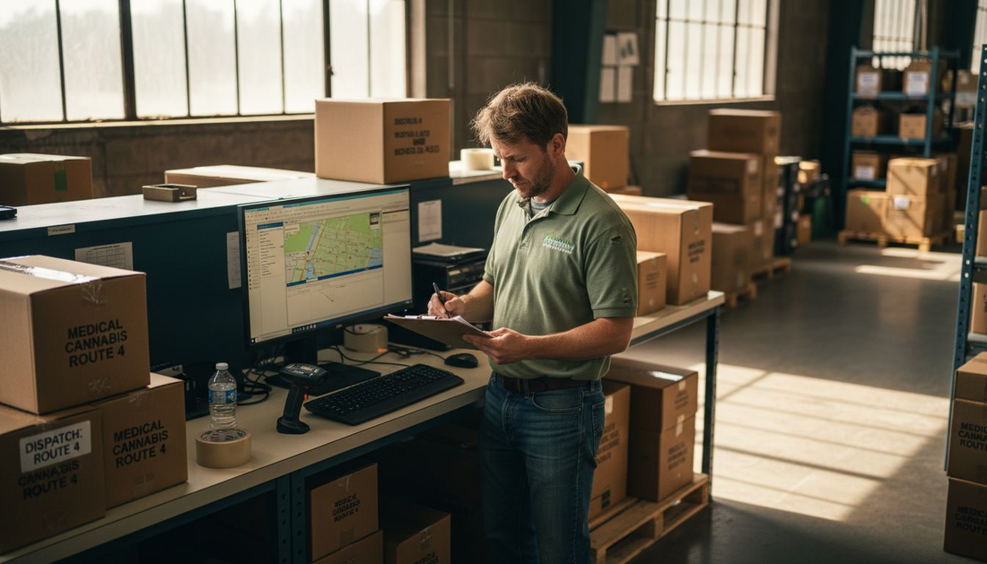 Delivery dispatcher checking cannabis shipments