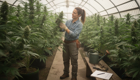 Grower inspecting CBG cannabis plant in greenhouse