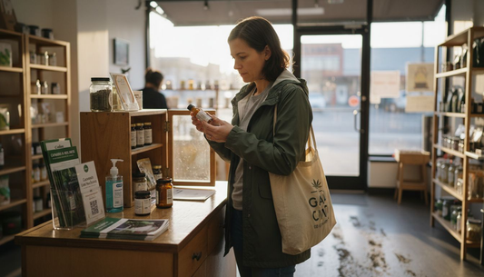 Woman reading cannabis label in dispensary