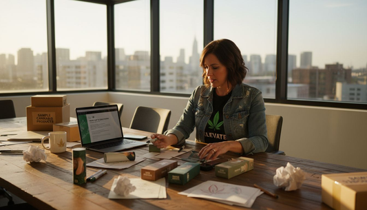 Executive reviewing cannabis brand packaging mockups