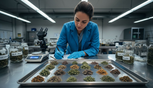 Lab technician testing cannabis flower samples