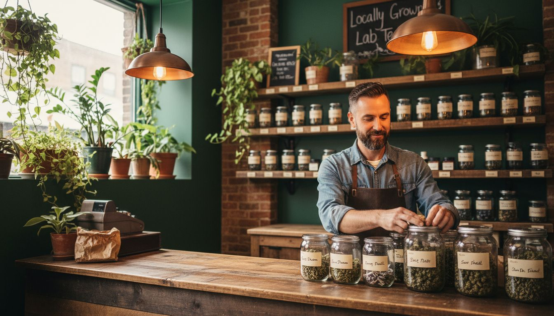 Local cannabis dispensary with owner arranging jars
