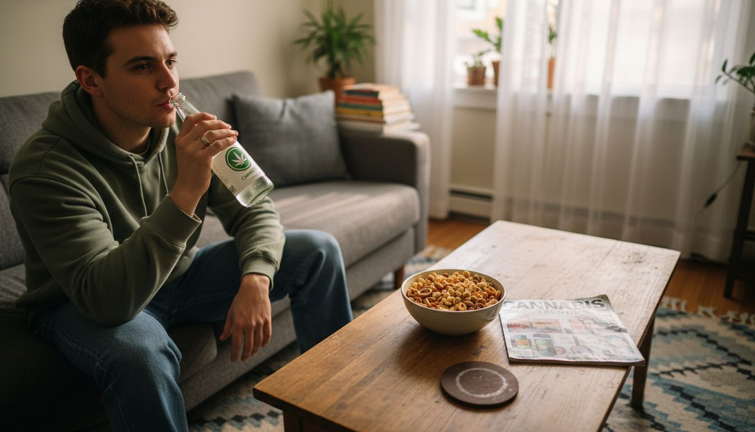 Person sipping cannabis beverage on sofa