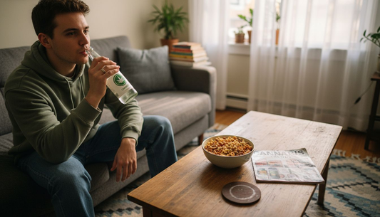 Person sipping cannabis beverage on sofa