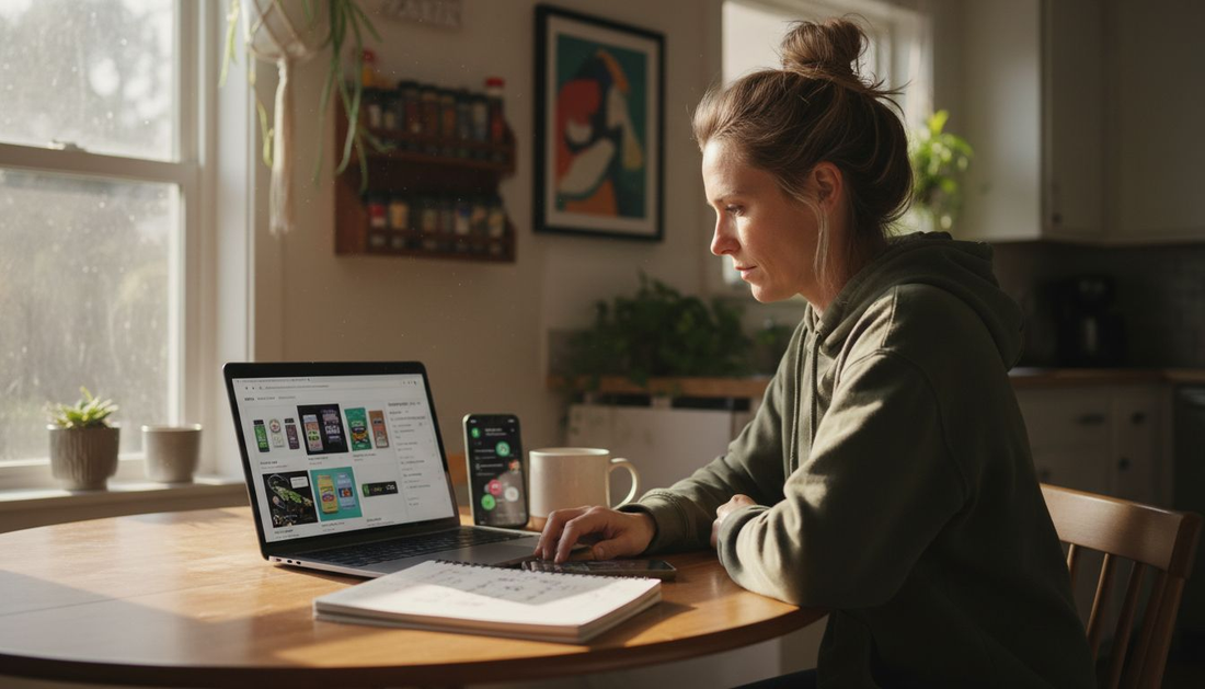 Woman shops cannabis online on laptop at kitchen table