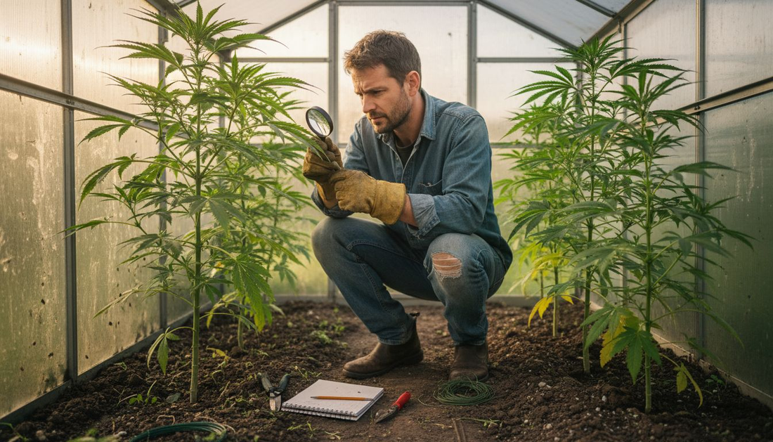 Horticulturist examining cannabis plants for CBDA