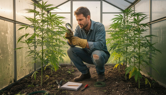 Horticulturist examining cannabis plants for CBDA