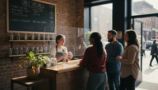 Diverse customers chatting with cannabis budtender
