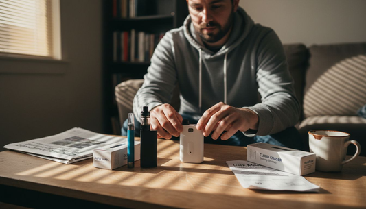 Person compares various cannabis vapes on coffee table
