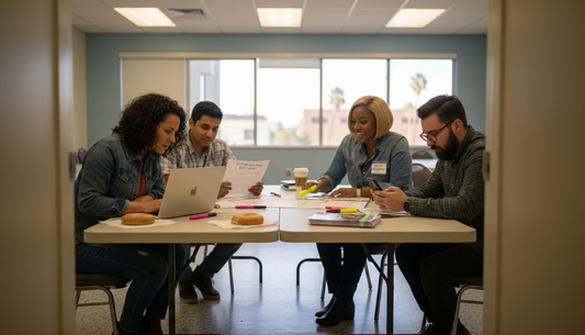 Group planning cannabis event around table