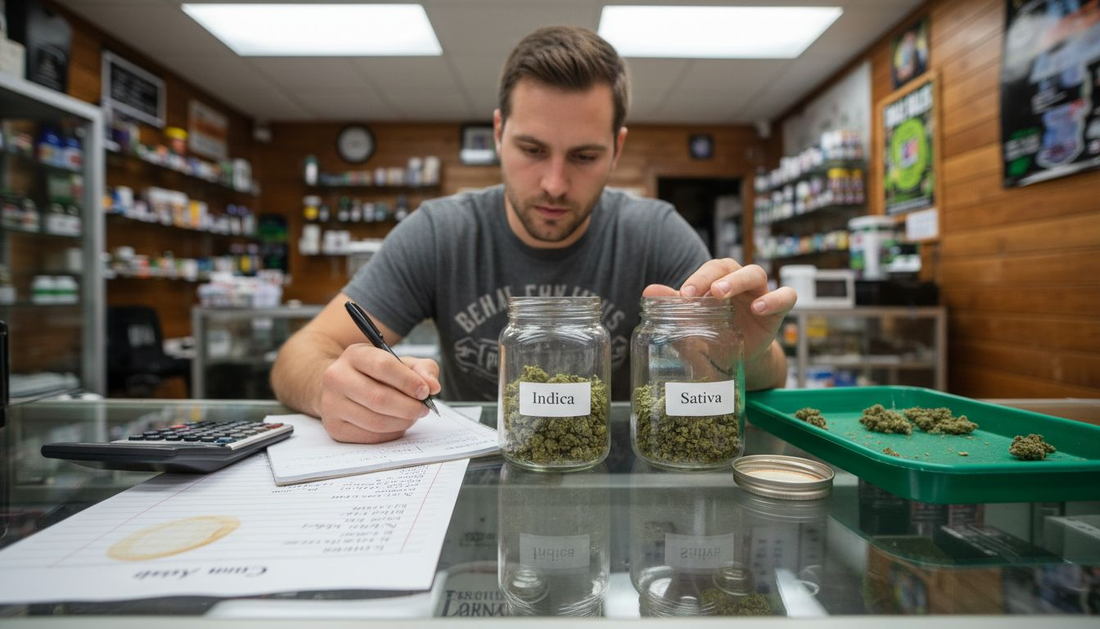 Dispensary staff compares Indica and Sativa jars