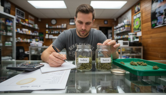 Dispensary staff compares Indica and Sativa jars