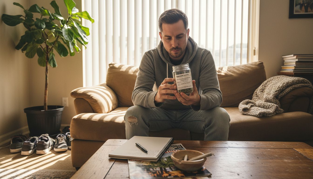 Man reading cannabis jar in sunlit living room