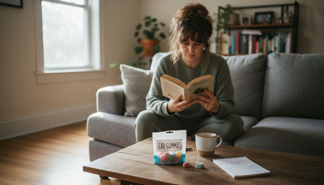 Woman enjoys CBD gummies, relaxing on cozy sofa