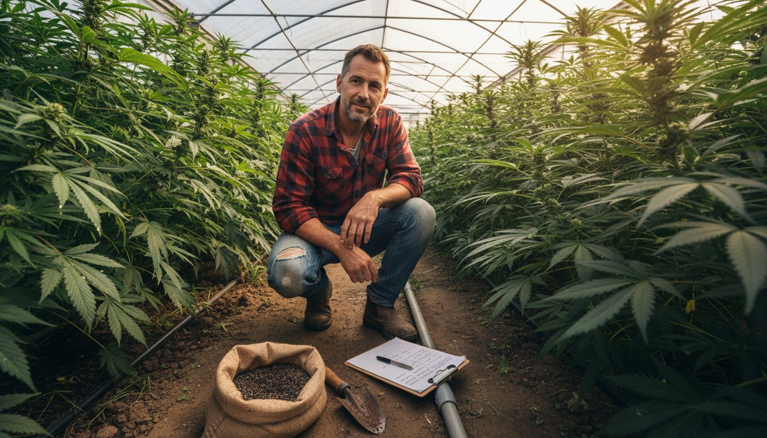 Hemp and cannabis farmer in bright greenhouse