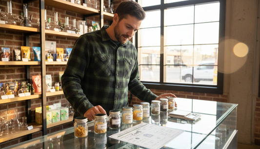 Man observes jars of cannabis extracts at counter