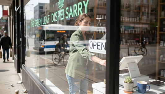 Cannabis dispensary storefront with manager flipping open sign