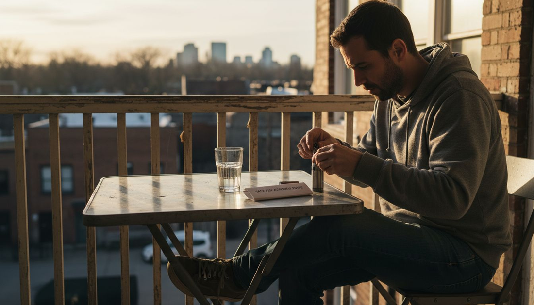 Man assembling cannabis vape on balcony