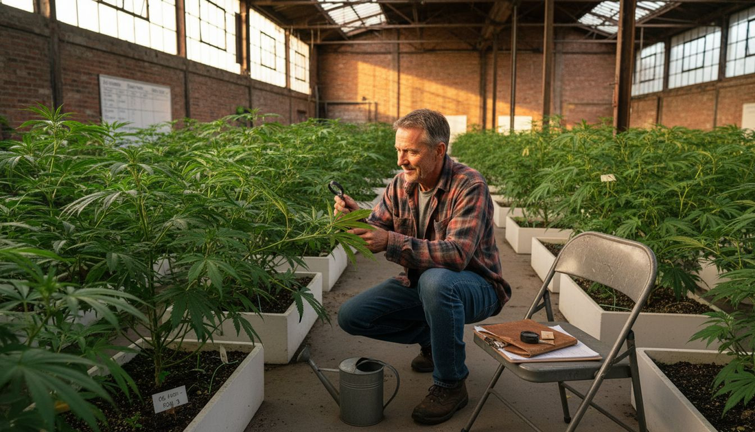 Grower inspecting small batch cannabis plants