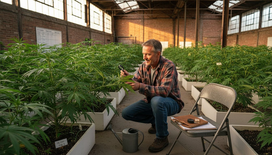 Grower inspecting small batch cannabis plants