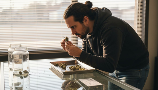 Budtender inspecting cannabis flower for grading