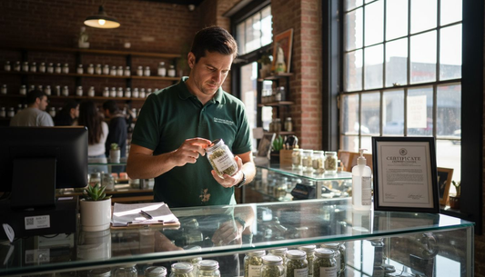 Budtender in regulated cannabis dispensary interior