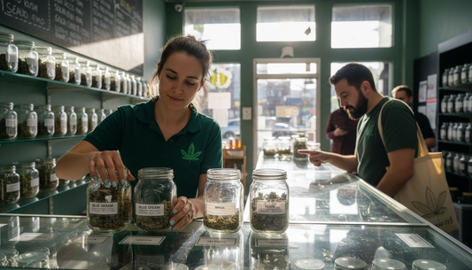 Budtender arranging cannabis strains in dispensary