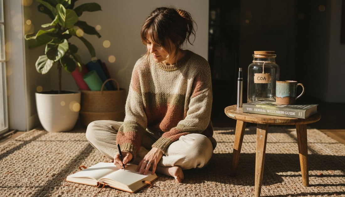 Woman journals wellness routine with cannabis tools