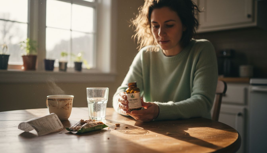 Woman with cannabis capsules at kitchen table