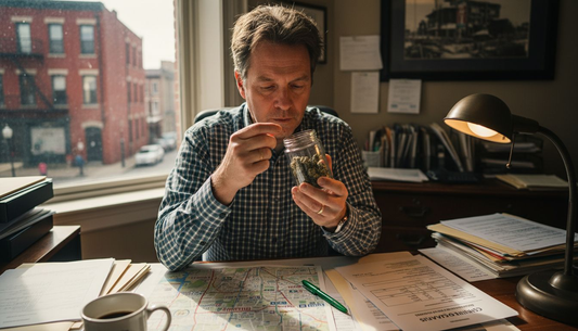 Man reviewing cannabis certificate at desk