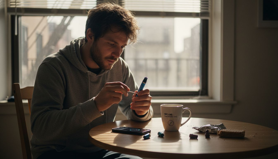 Man cleaning vape device at kitchen table