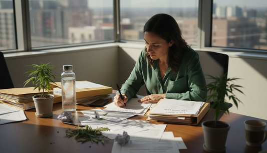 Woman reviewing cannabis strain reports in office