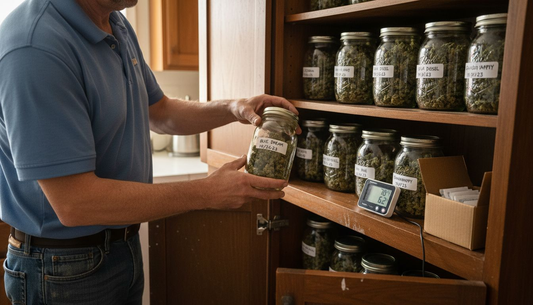 Man storing cannabis jars in kitchen cabinet